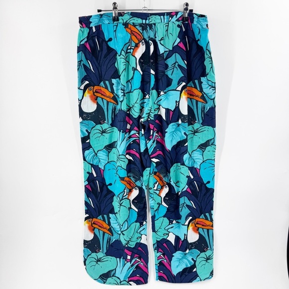 ✅ Talbots BLUE/GREEN Tropical Print COTTON WIDE LEG CROPPED PANTS SIZE LARGE - Picture 2 of 7